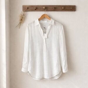 GAP White 100% Linen Long Sleeve Split Neck Tunic Shirt Size S NWT